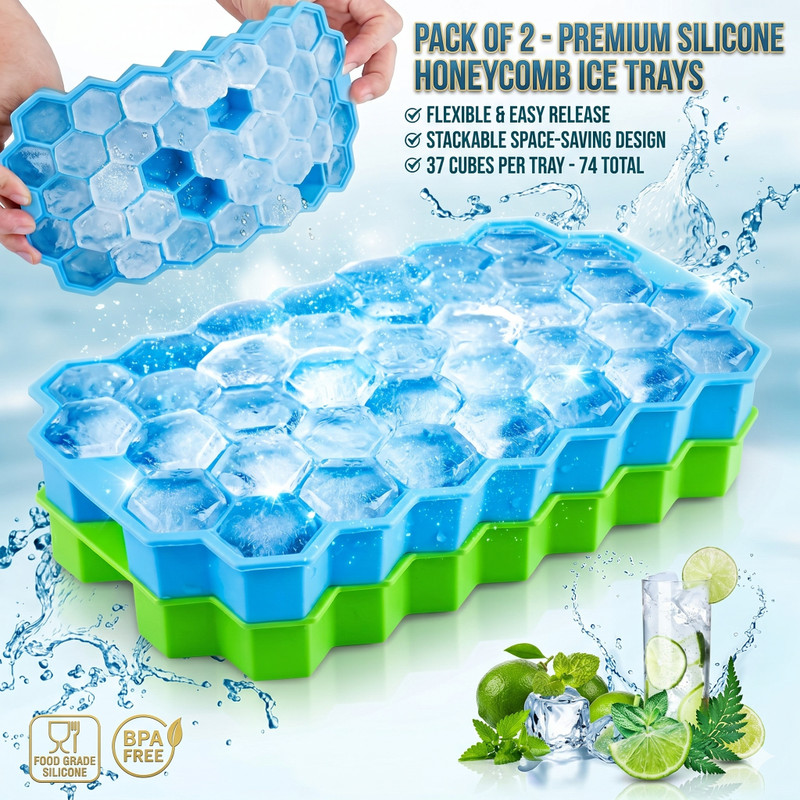 balerion Hexa-Frezze Pro Silicone Honeycomb Ice Tray (Pack of 2), BPA-Free Multicolor Silicone Ice Cube Tray(Pack of2)