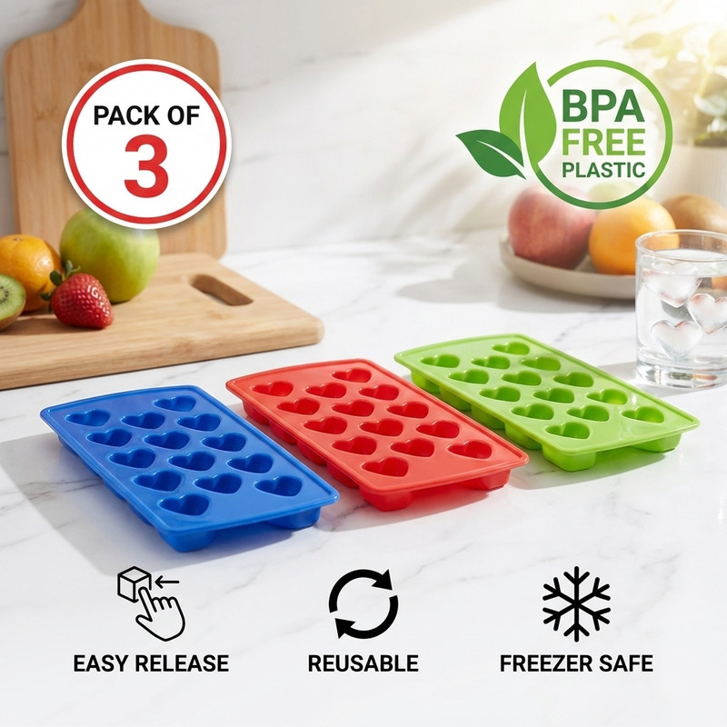 CONJAR Pack of 3 BPA Free Plastic Ice Cube Trays, Heart Shape Molds Multicolor Plastic Ice Cube Tray(Pack of3)