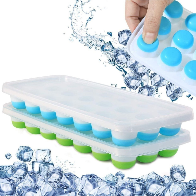 Elegant Enterprise 21-Cavity Silicone Ice Cube Tray with Lid, Flexible, Stackable & Freezer-Safe Multicolor Silicone, Plastic Ice Cube Tray(Pack of2)