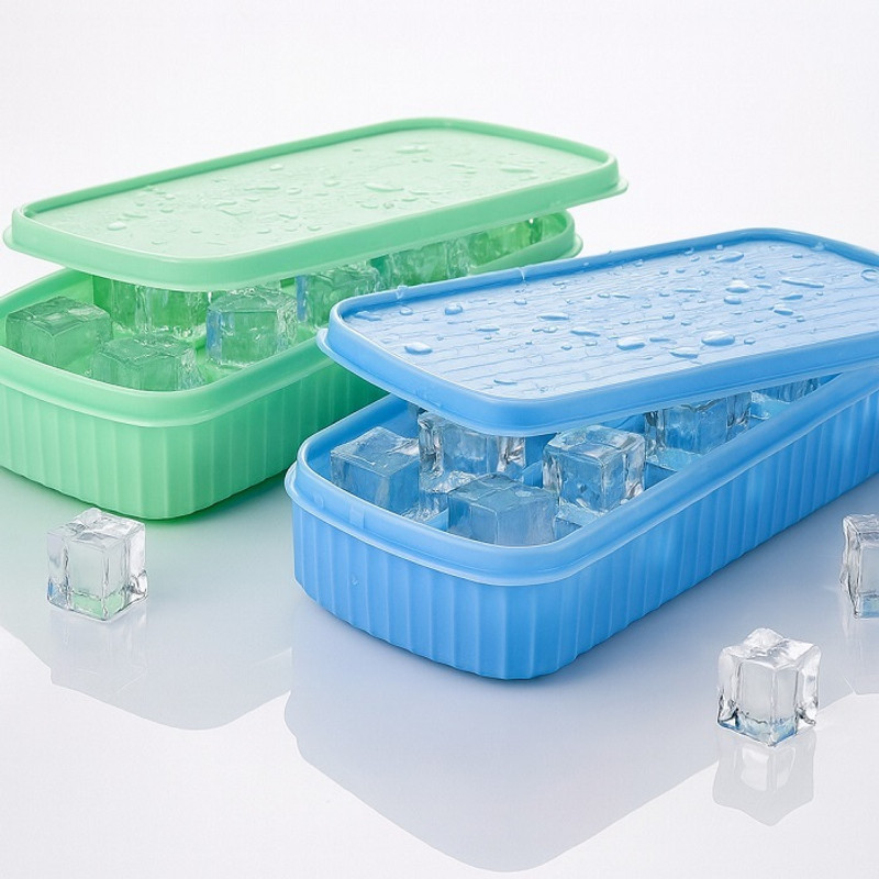 Shree GRB 2pcs 8 big Cavity Pop Up Ice Cube Trays for Freezer with Lid 100% BPA Free B32 Blue, Green Silicone Ice Cube Tray(Pack of2)