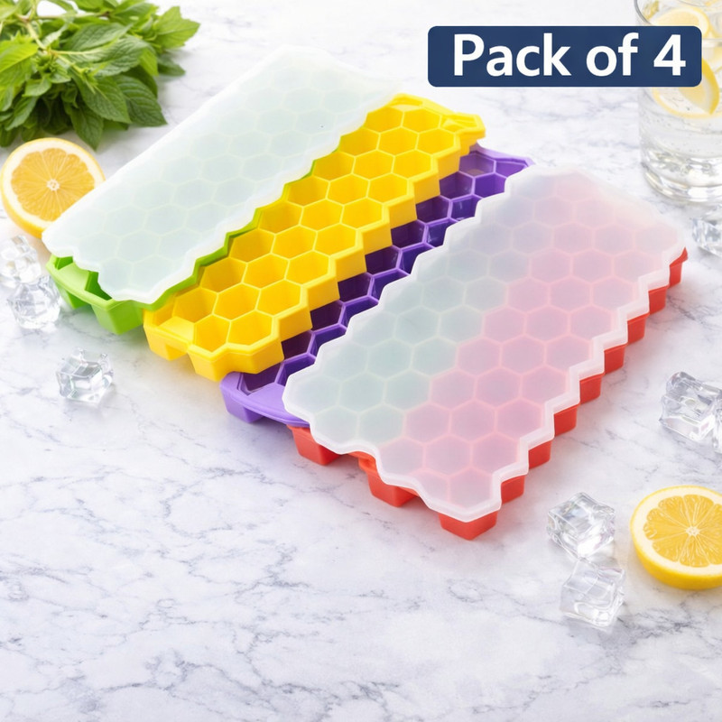 GROWA Ice Cube Tray with Lid | Easy Release Flexible Ice Mold | Freezer Safe. Multicolor Silicone Ice Cube Tray(Pack of4)
