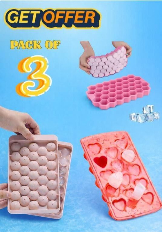 VENTASCORP Silicone Ice Cube Tray Pack of 3 | Honeycomb, Round Ball & Heart Shape Yellow Silicone Ice Cube Tray(Pack of3)