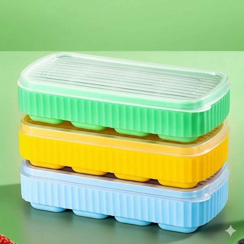 M Y 2pcs 8 big Cavity Pop Up Ice Cube Trays for Freezer with Lid 100% BPA Free Blue, Green Silicone Ice Cube Tray(Pack of2)