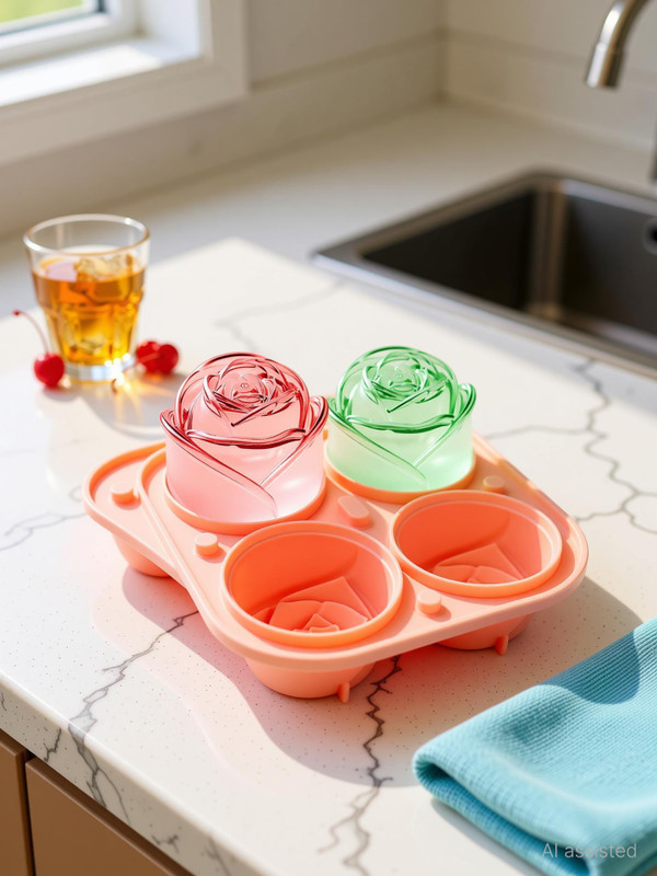 Elexa Rose Shape ice cube tray with lid bpa free Pink Silicone Ice Cube Tray(Pack of1)