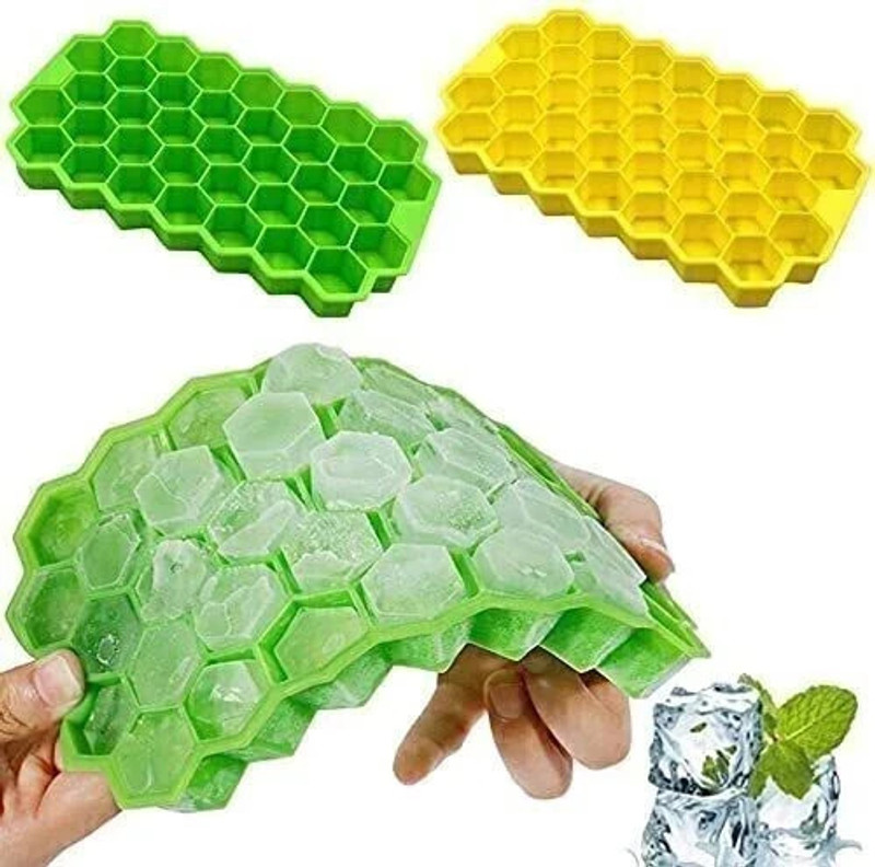 DEALBOOTH 37 Grid Hexagon Shape Flexible Honeycomb Ice Tray/Dish for Freezer Blue, Green Silicone Ice Cube Tray(Pack of2)