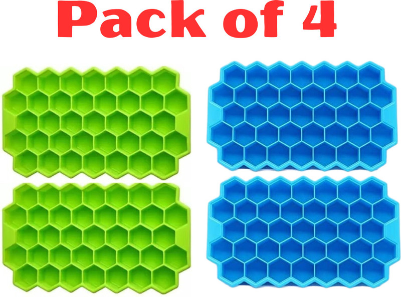 Kamview 4 Pcs Flexible Silicone Honeycomb Shape 37 Cavity Ice Cube Tray Mould Blue, Green Silicone Ice Cube Tray(Pack of4)