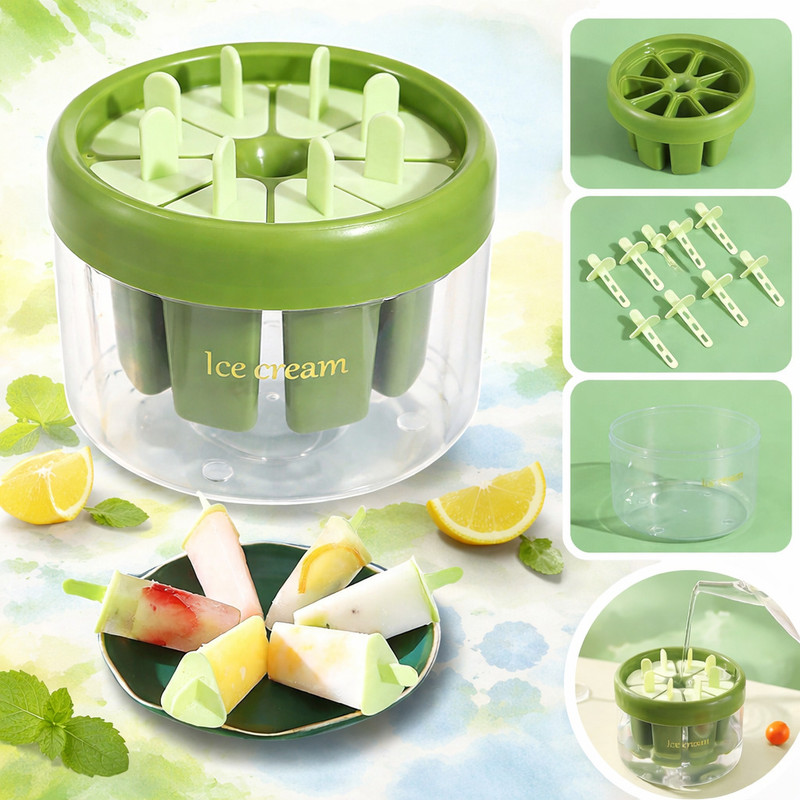 Parthiv Cavities Ice Cream Mold with 8 Popsicle Sticks for DIY Popsicle Green Plastic Ice Cube Tray(Pack of1)