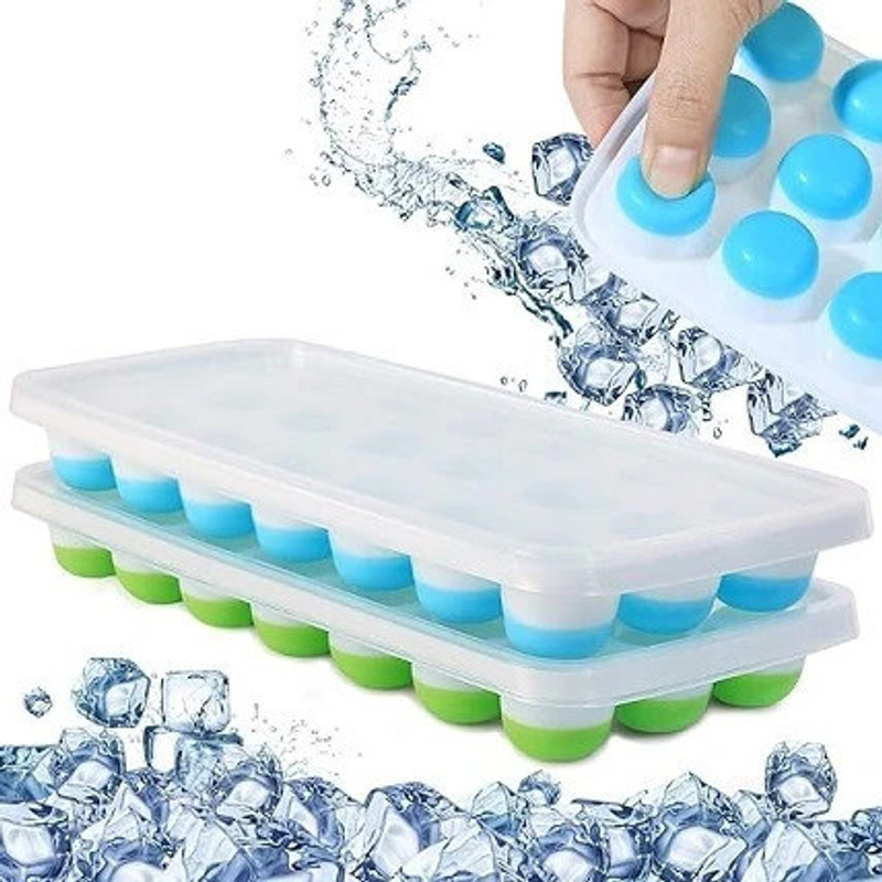 Shree GRB 21 Cavity Pop Up Ice Cube Trays for Freezer with Lid and Silicon bottom Blue, Green Silicone Ice Ball Tray(Pack of2)