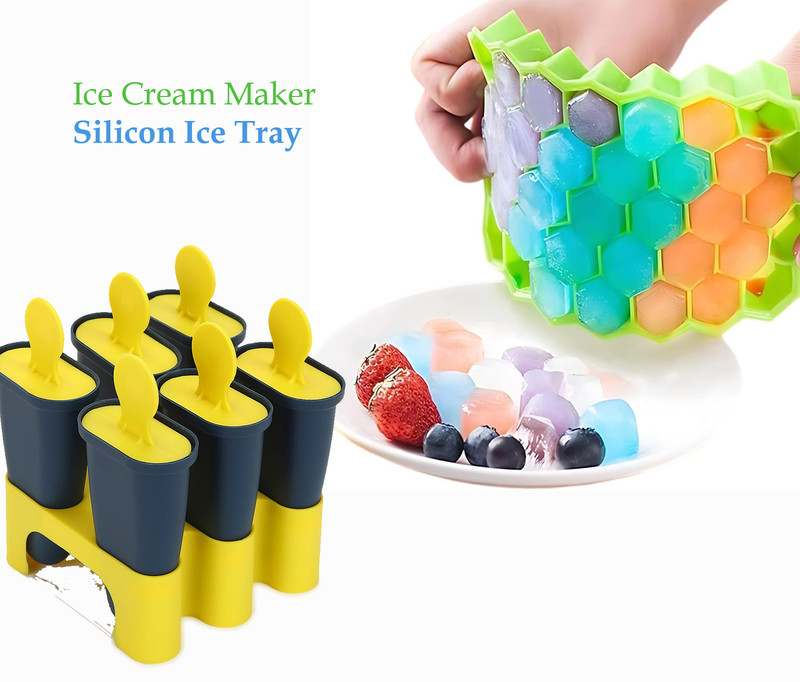 HASHONE Combo Silicon Ice Tray & Plastic Set of 6 Kulfi Makers Multicolor Plastic Ice Cube Tray(Pack of2)