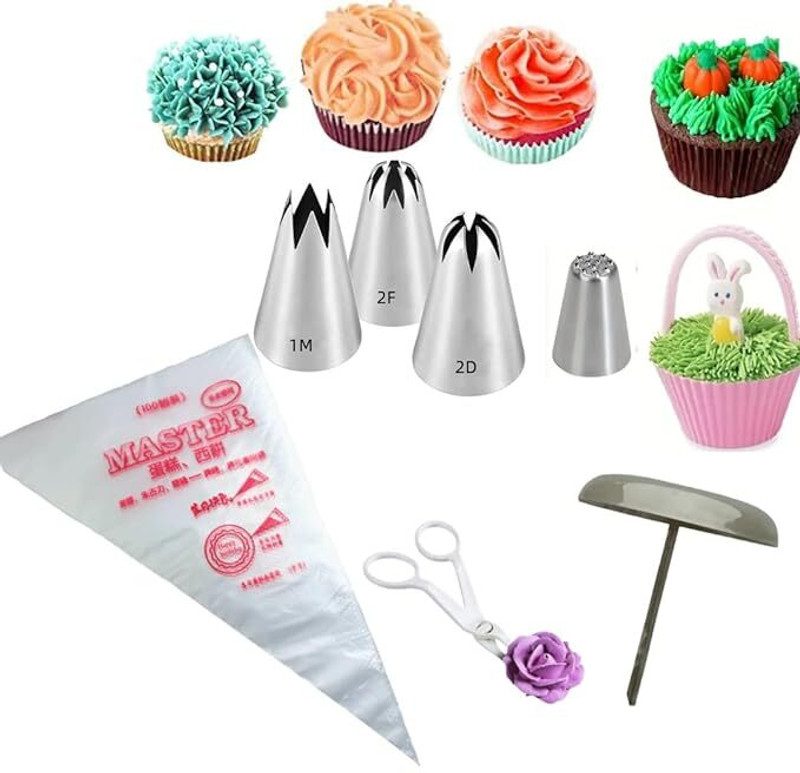MARHABA TRADERS LEGACYCART 4 Cake Nozzle 1M 2D 2F Grass Rose Nail Scissor 25 Piping Bag DIY Stainless Steel Round Icing Nozzle(Grey Pack of 4)