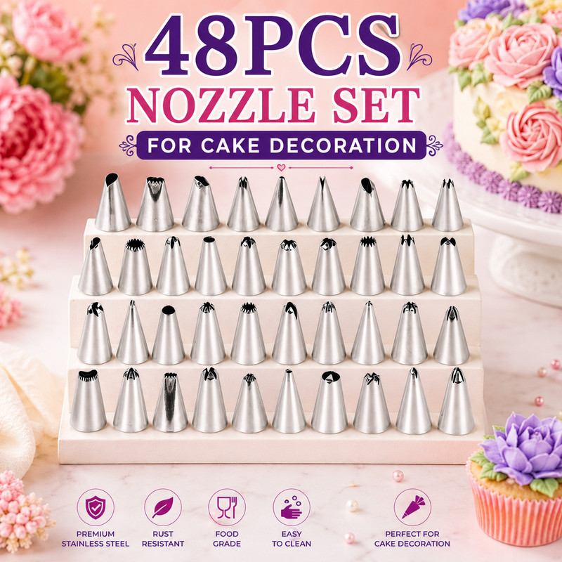 ALAMDAAR Set of 48 Stainless Steel Reusable Decorating Nozzle Set | Russian Ruffle Skirt Icing Piping Tips Nozzles | Cake Decoration and Icing| Sugar Craft Decorating Tool Steel Quick Flower Icing Nozzle Stainless Steel Multi-opening Icing Nozzle(Steel Pack of 48)