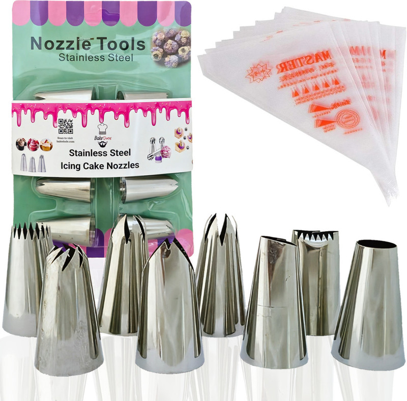 Husaini Mart 1M 2D 1E Leaf Rose Basket 336 Curved Rose DIY Cream Rose Flower Piping Nozzles Stainless Steel Quick Flower Icing Nozzle(Steel Pack of 8)