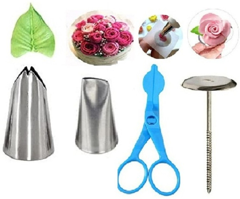 Rvs fantastikitchen store RVs Leaf & Rose Petal Nozzle with Scissor & Rose Stand Combo Stainless Steel, Plastic Quick Flower Icing Nozzle(Silver Pack of 4)