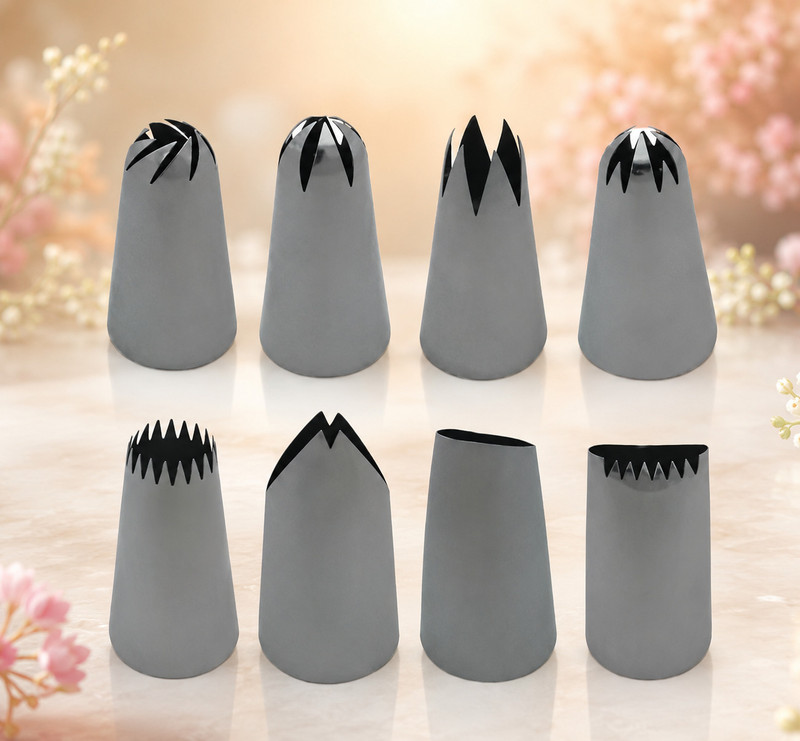 ALAMDAAR 2D 1M 2F 2C Rose Basket DIY Cream Piping Nozzles Cake Decoration Tool Set Stainless Steel Multi-opening Icing Nozzle(Silver Pack of 8)