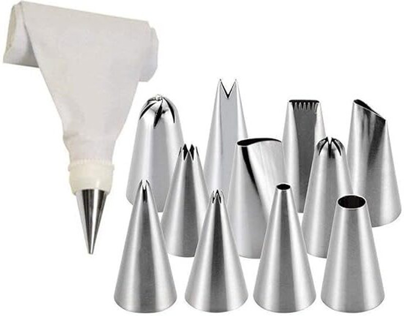 Plixl Icing Decoration Tool Set | 12 Different Nozzles, 1 Icing Piping Coupler Bag Stainless Steel Multi-opening Icing Nozzle(Steel Pack of 13)