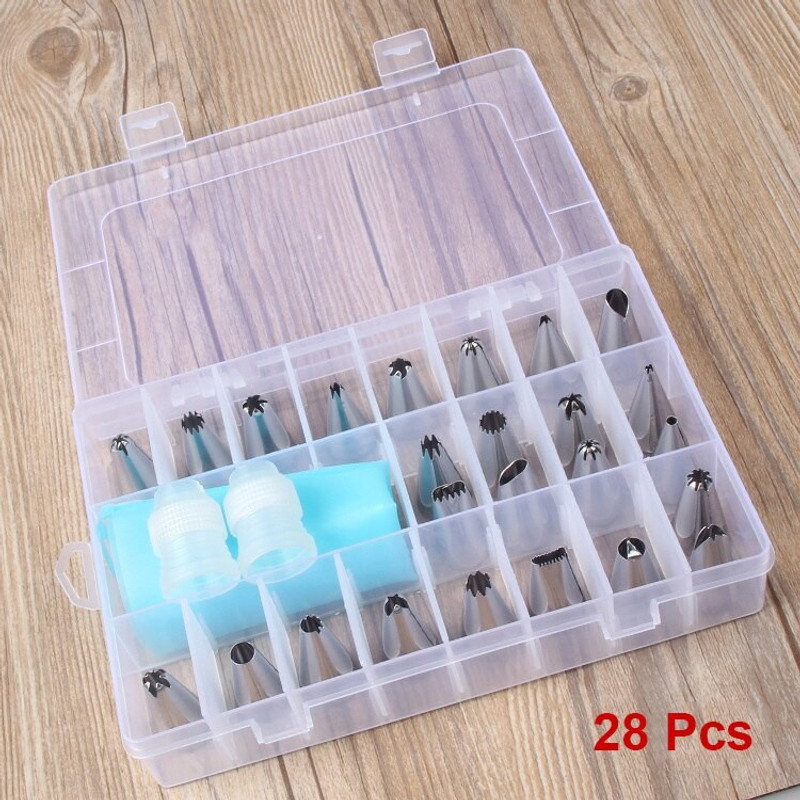 MAFAHH 28pcs Icing Nozzle Silicon Piping Bag Coupler Baking Pastry Cake Decorating Tool Stainless Steel Multi-opening Icing Nozzle(Steel Pack of 28)