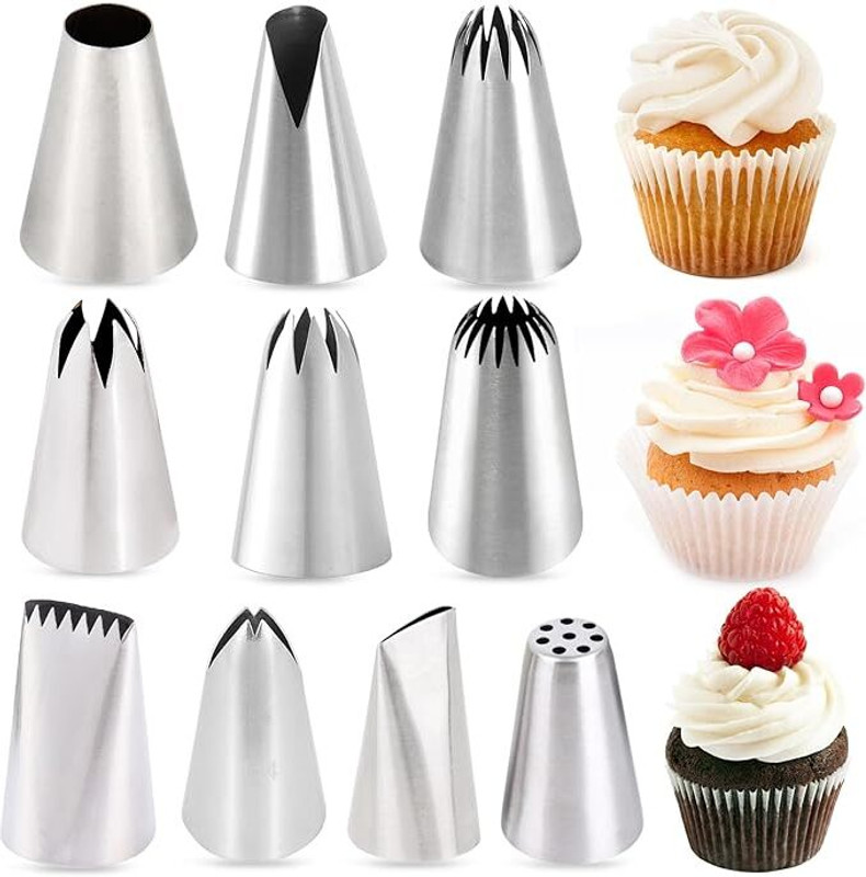 MARHABA TRADERS LEGACYCART 10PCS/Set Large Piping Tips, Stainless Steel Frosting Piping Tips Stainless Steel Leaf Icing Nozzle(Grey Pack of 10)