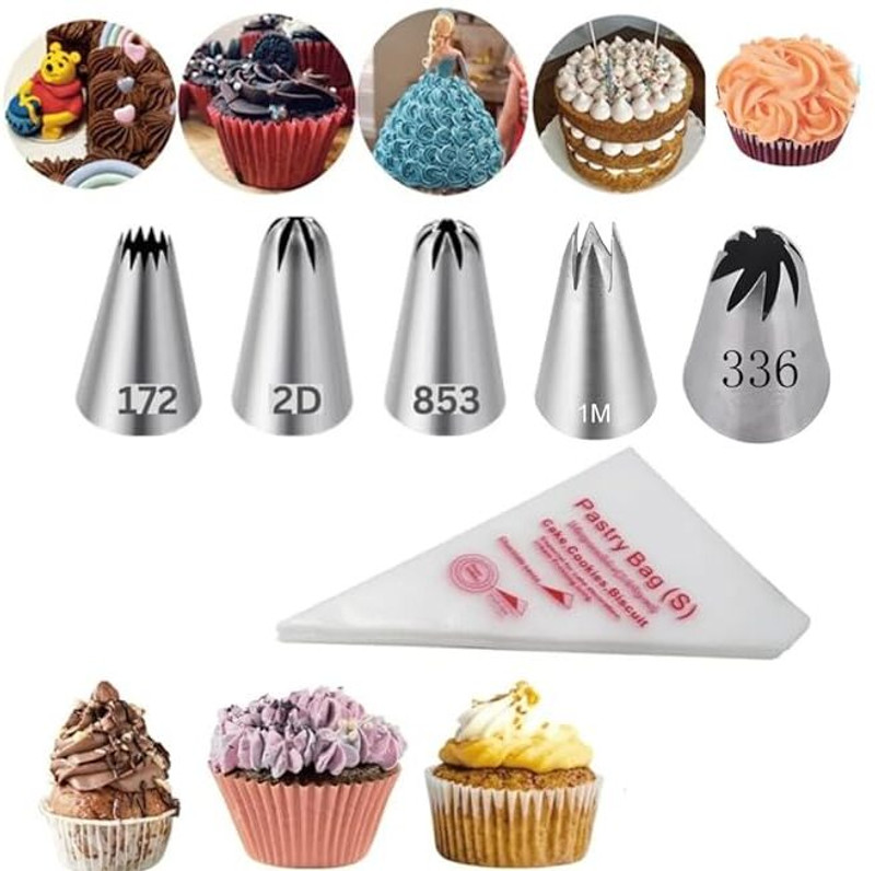 MARHABA TRADERS LEGACYCART 5 Nozzles 172 2D 853 1M 6B Cake Decorating Set with 20 Piping Bag Stainless Steel Ruffle Icing Nozzle(Grey Pack of 5)