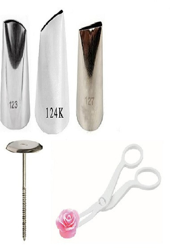 Rvs fantastikitchen store 123+124+127 Nozzles With Rose Lifter Stand And Scissor (Pack Of 5) Stainless Steel, Plastic Leaf Icing Nozzle(Silver Pack of 5)