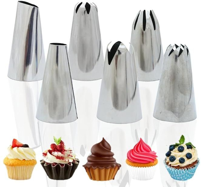 Bakedude Skytail 6Pcs Large Piping Tips Set Stainless Piping Kit(1A,336,124,853,6B,2E) Stainless Steel Multi-opening Icing Nozzle(Silver Pack of 6)