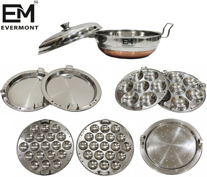 Evermont 6 Plates Stainless Steel Multi Kadai with (Triply Bottom) Bottom Induction & Standard Idli Maker(6 Plates , 14 Idlis )