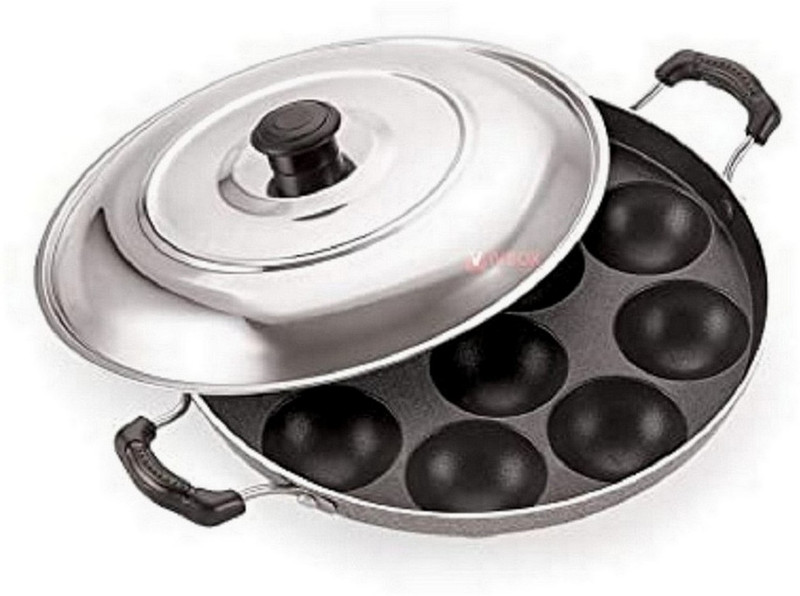 Masox Store 12 Cavity Aluminium Appam Patra Ponganal Pan Appe Maker Paniyaram Litti Maker Wok with Lid 0.125 L capacity 23 cm diameter(Aluminium, Non-stick)