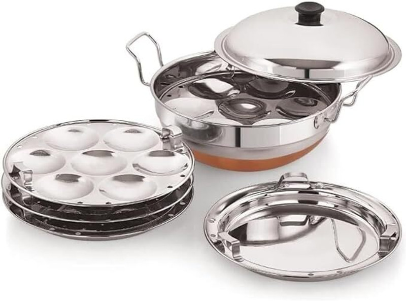 VBEST Copper Base Stainless Steel Cookware Set with Steamer Plate Kitchen Multipurpose Induction & Standard Idli Maker(5 Plates , 12 Idlis )