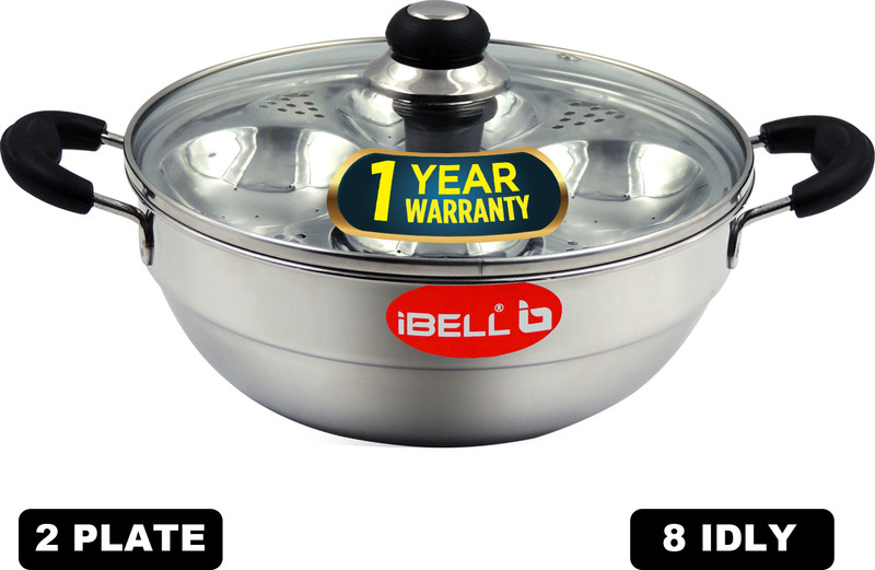 iBELL 2P08G Stainless Steel Kadhai with Glass Lid Induction & Standard Idli Maker(2 Plates , 8 Idlis )