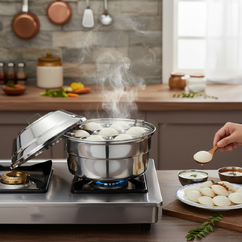 THANGAM Stainless Steel Idli Cooker with 3 Idli Plates, Mini Idly & Steamer Plate,Silver Induction & Standard Idli Maker(5 Plates , 30 Idlis )