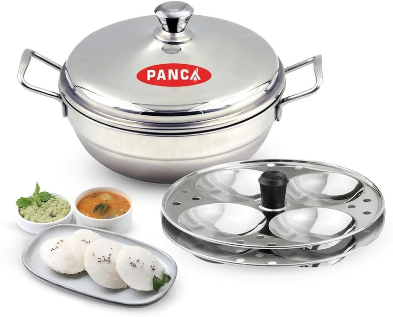 Panca 15L Stainless Steel Multi-Purpose Kadai with Lid, 2 Idli Plates, 8 Cavity Cooker Induction & Standard Idli Maker(2 Plates , 8 Idlis )