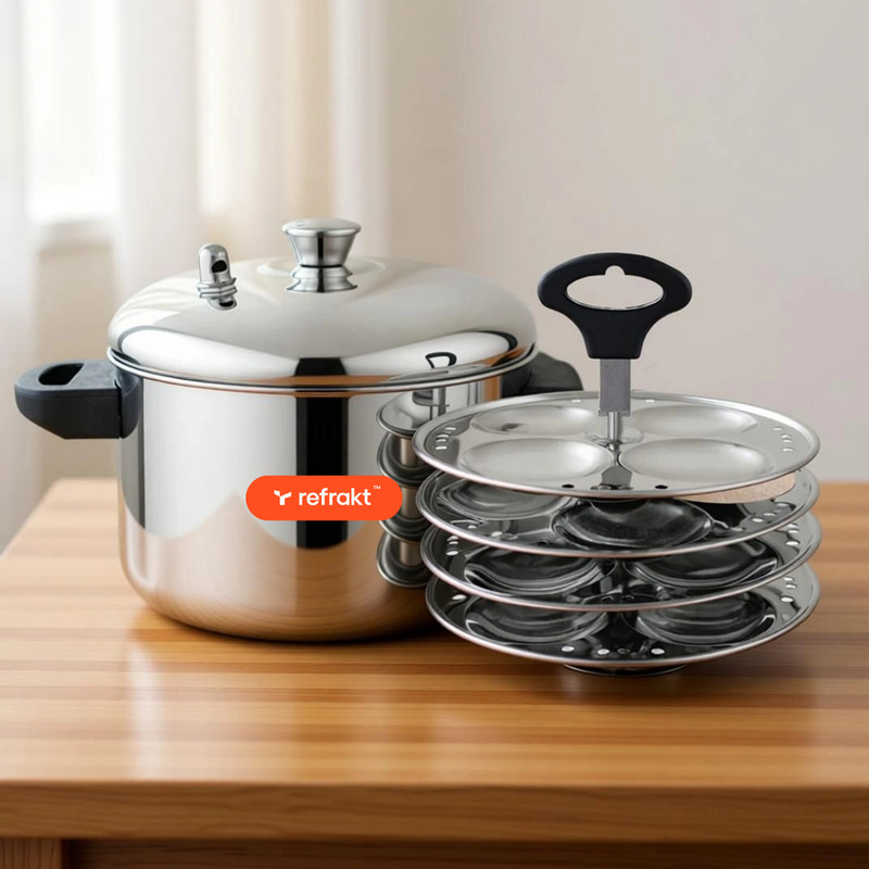 refrakt Soft & Fluffy Idli Cooker, Stainless Steel Steamer, Heat-Resistant Handles, Induction & Standard Idli Maker(4 Plates , 16 Idlis )