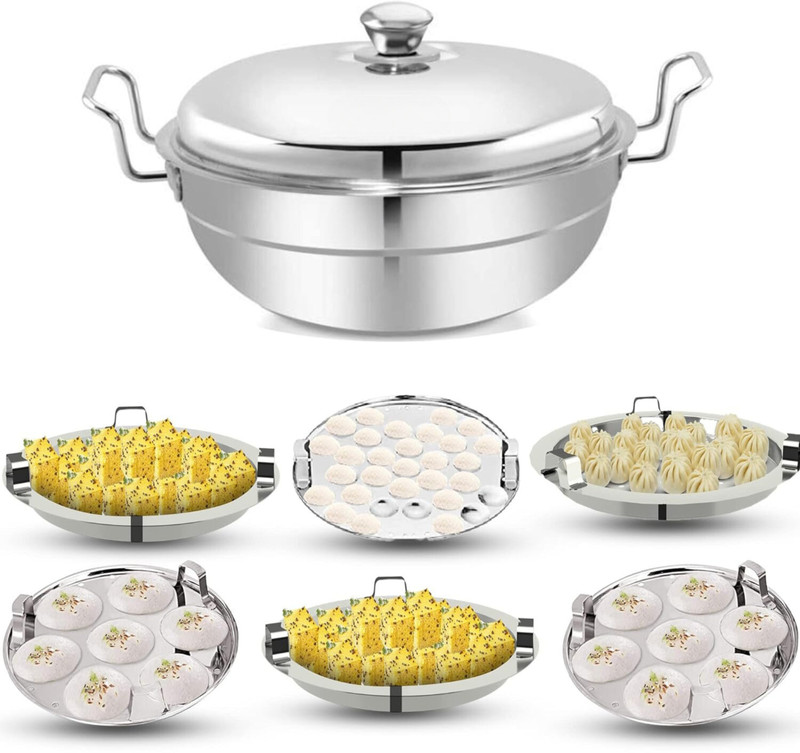 Anil Bartan Wale Premium Stainless Steel Idli Cooker with Induction Bottom Multi Kadai | Big | Induction & Standard Idli Maker(6 Plates , 14 Idlis )