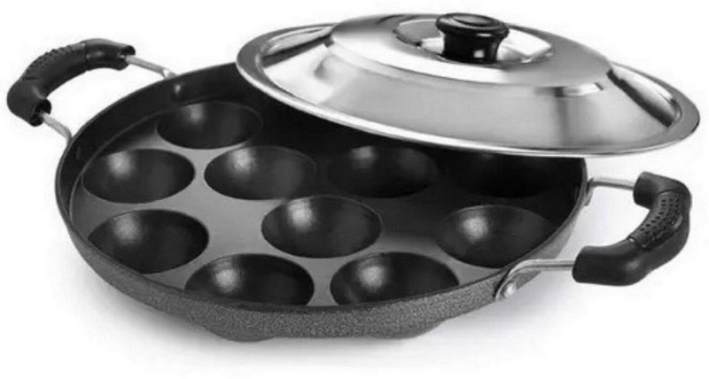 Masox Store Paniyarakkal Chatty Paniyaram Pan Ponganal Baati Litti Baking Pot with Steel Lid Wok with Lid 0.125 L capacity 23 cm diameter(Aluminium, Non-stick)