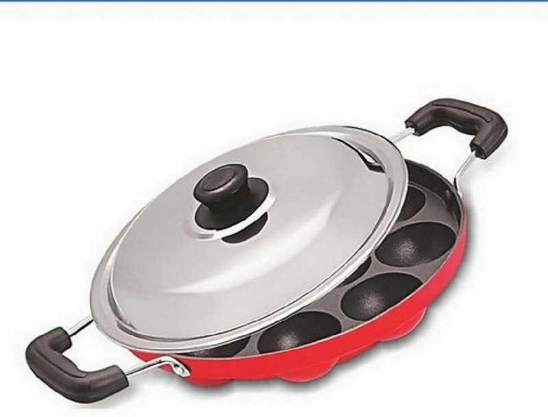 Masox Store Aluminium 12 Cavity Appam Patra Paniyarakkal Two Side Handle with Steel lid Tawa 23 cm diameter with Lid(Aluminium, Non-stick)