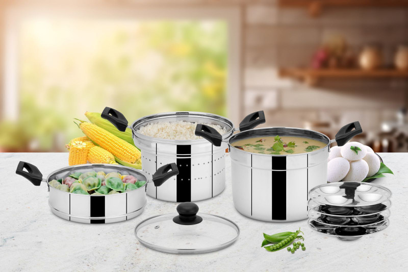 Klassi Kichen Stainless Steel (ALL IN ONE) Stainer, Steamer & Idli Plates Induction & Standard Idli Maker(4 Plates , 16 Idlis )