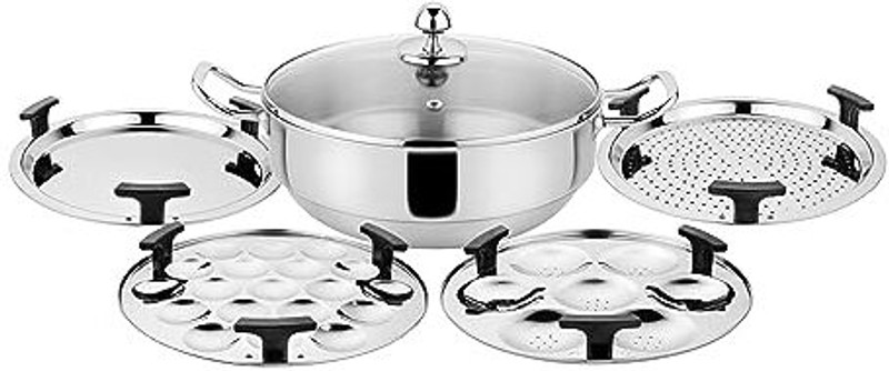 PRABHA Heavy Gauge Bottom Tri-Ply Multi Kadhai, Idli, Momo's, Dhokla Maker with Lid, Induction & Standard Idli Maker(6 Plates , 7 Idlis )