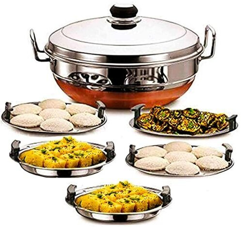 QSEC Stainless Steel Idli Cooker Steamer with Copper Bottom All-in-One Big Size Standard Idli Maker(6 Plates , 14 Idlis )