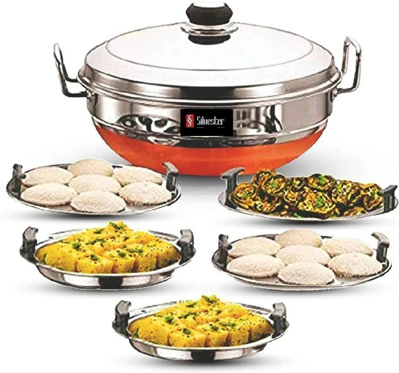 Silvester Premium All in One Stainless Steel Multi Purpose Kadai | Steamer | Idli Maker | Momo's Steamer | Curry Maker | with Stainless Steel lid, 2 idli Plates, 2 dhokla Plates and 1 patra with big Size 5 Plats, Idli maker, Dhokhla maker and momos Steamer (Copper Bottom) Standard Idli Maker(5 Plate