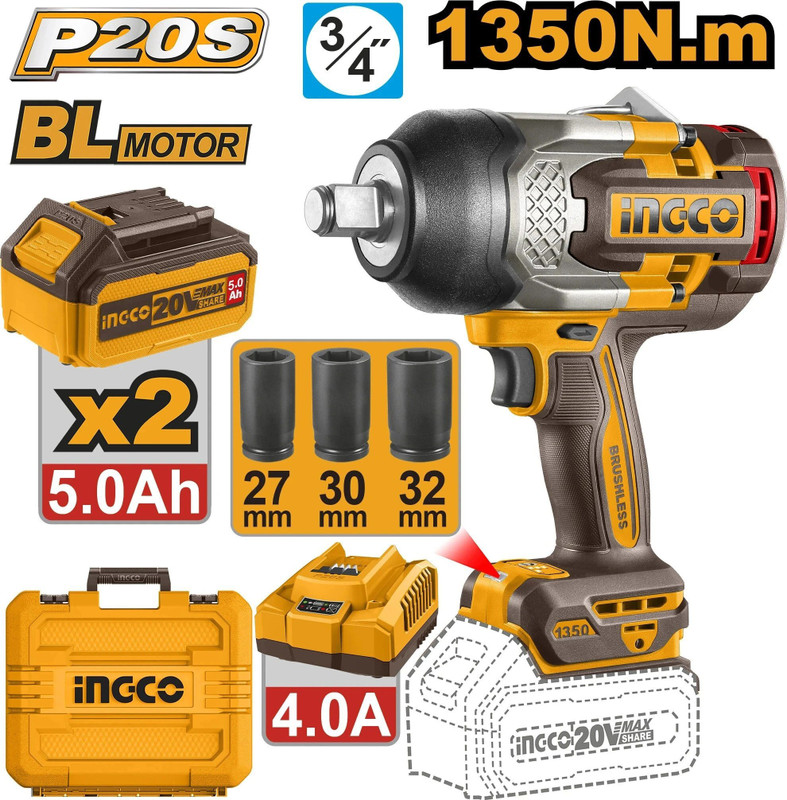 INGCO 20v 1350nm CIWLI20135 Cordless Impact Wrench(3/4 inch)