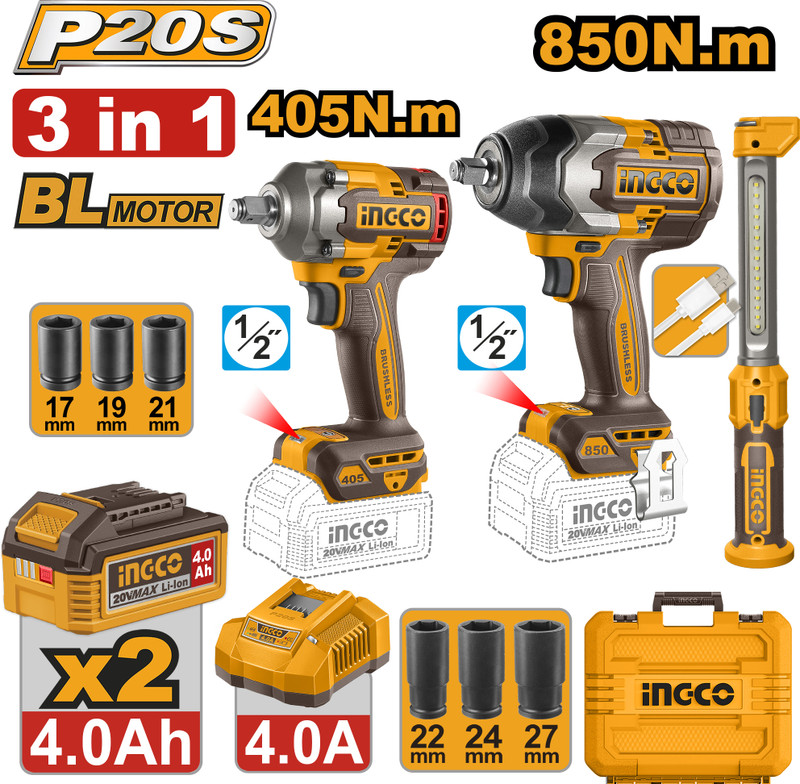 INGCO COSLI251085 1/2" Cordless 2 pcs combo kit impact wrench 405NMAND850NM Cordless Impact Wrench(1/2 inch)