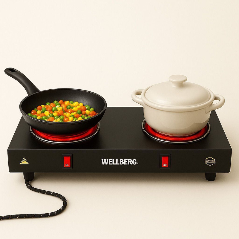 WELLBERG 2000 W Radiant Cooktop Push Button(Black, Double Burner Electric Hot Plate | Durable Body |Compact Tabletop Cooktop Design)