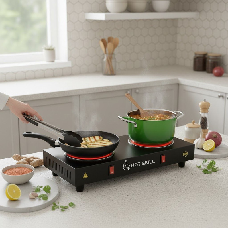 Hot Grill 2000 W Radiant Cooktop Push Button(Black, 2000W Double Electric Hot Plate with Independent On Off Switch for Home Cooking.)