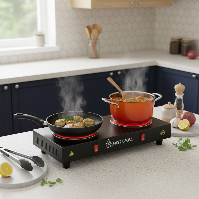 Hot Grill 2000 W Radiant Cooktop Push Button(Black, 2000W Double Burner Electric Cooktop Hot Plate for Roti Naan Fry Boil Cook Fast)