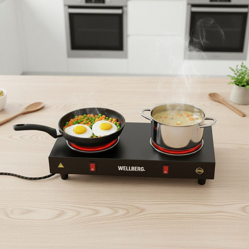 WELLBERG 2000 W Radiant Cooktop Push Button(Black, Double Burner Electric Coil Hot Plate for Energy Efficient Home Cooking)