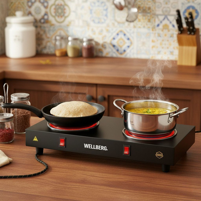WELLBERG 2000 W Radiant Cooktop Push Button(Black, Shockproof Double Burner Electric Stove | Fast Heating Hot Plate for All Setting)