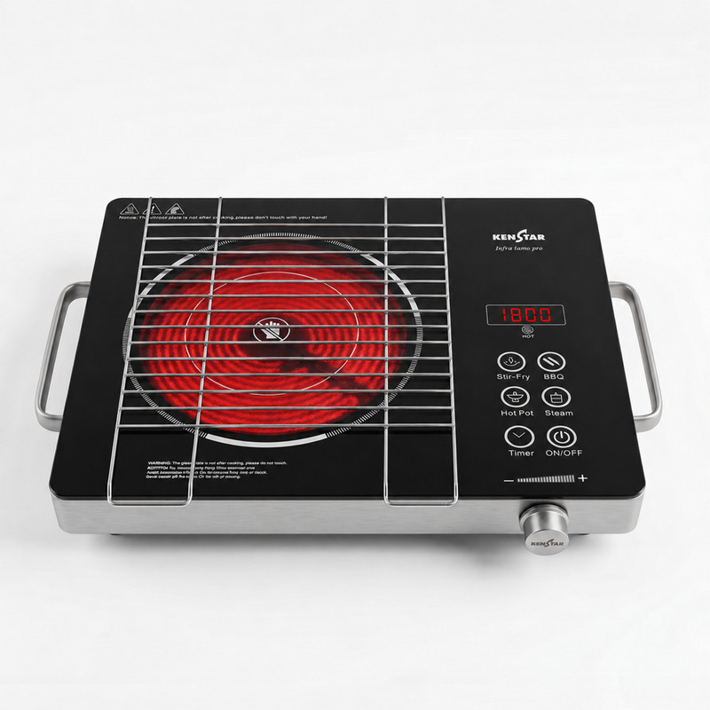 Kenstar 2200 W Infrared Cooktop Touch Panel(Silver, Black, INFRA LUMO PRO Electric Cooktop with SS Grill Rack & 2 Skewers| Fast Heating)