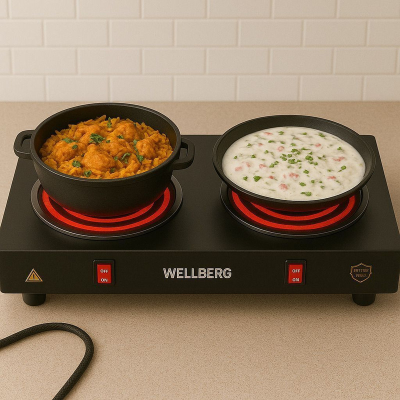 WELLBERG 2000 W Radiant Cooktop Push Button(Black, Double Hot Plate Electric Cooktop | Dual Cooking Surface | Space Saving Modern)