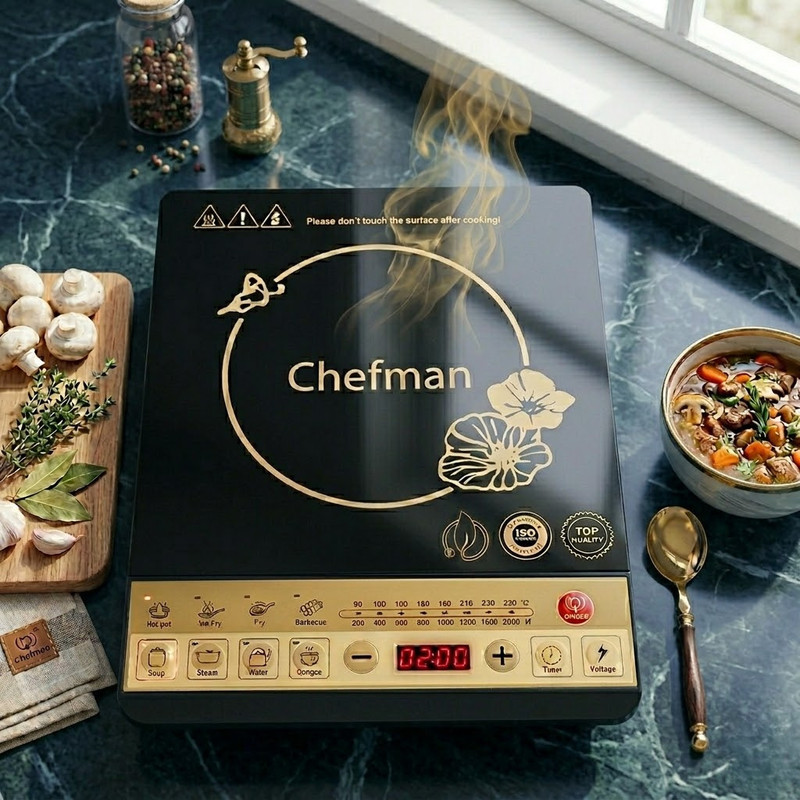 Chefman 2000 W Induction Cooktop Push Button(Black, Portable Induction Cooktop 2000W Glass Top Push Button Cooker)