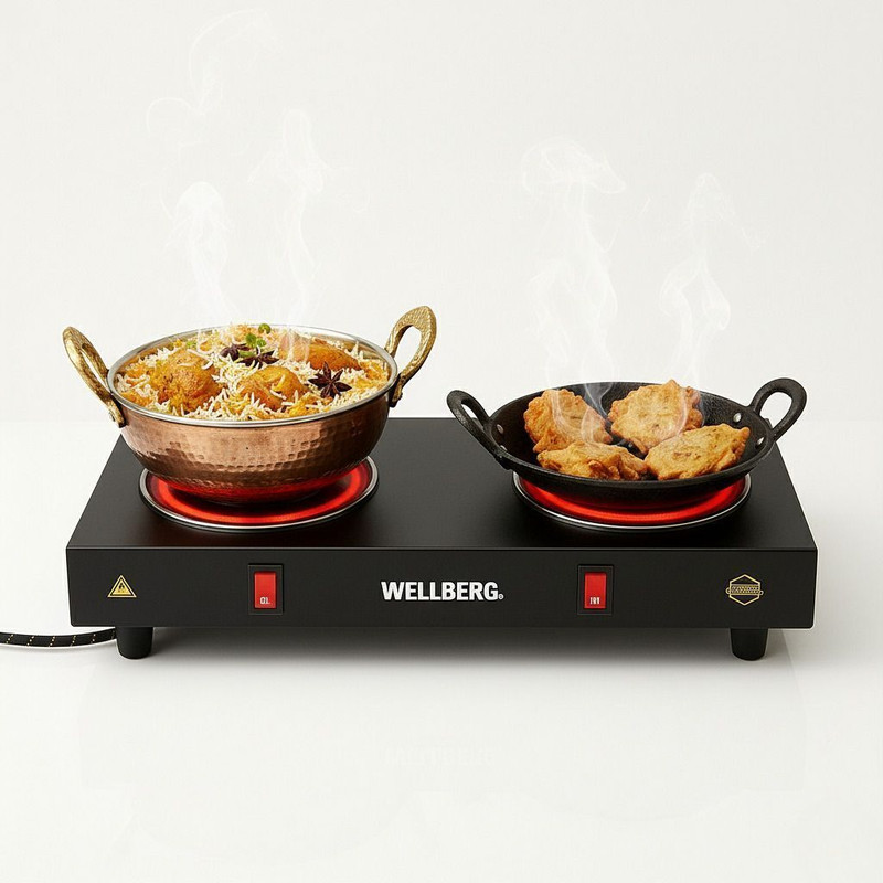 WELLBERG 2000 W Radiant Cooktop Push Button(Black, Heavy Duty Double Burner Electric Coil Stove for Safe and Quick Cooking)