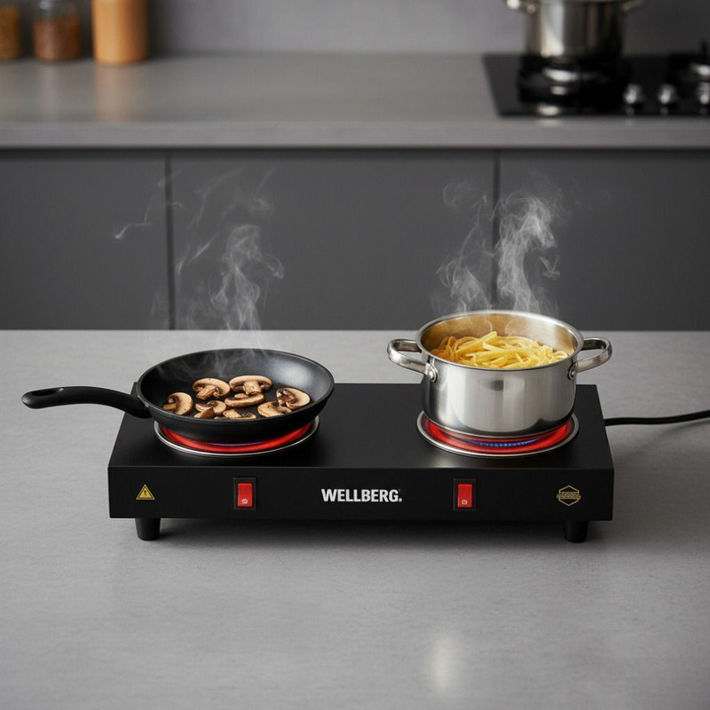 WELLBERG 2000 W Radiant Cooktop Push Button(Black, Double Burner Electric Coil Stove with Durable Heating Elements)